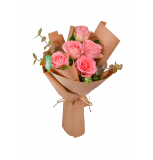Kraft Ambalaj Kağıdında Pembe Gül Buketi (5'li -~40 cm)